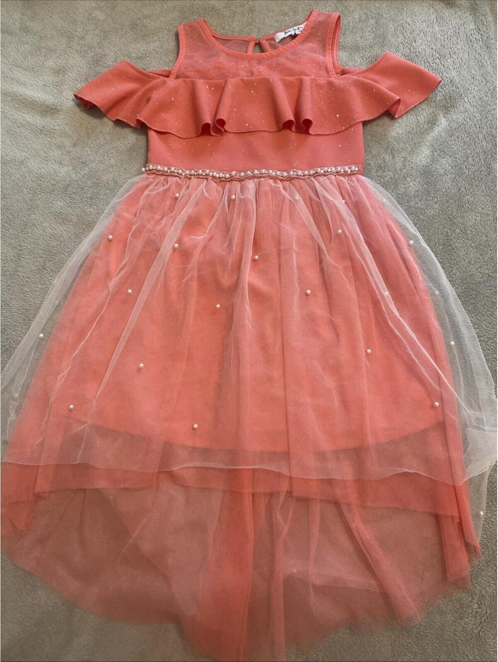 Love Jayne Dress Coral Pink Sz 10 Girls Tulle Pearl Hi-Lo Wedding Spring Formal